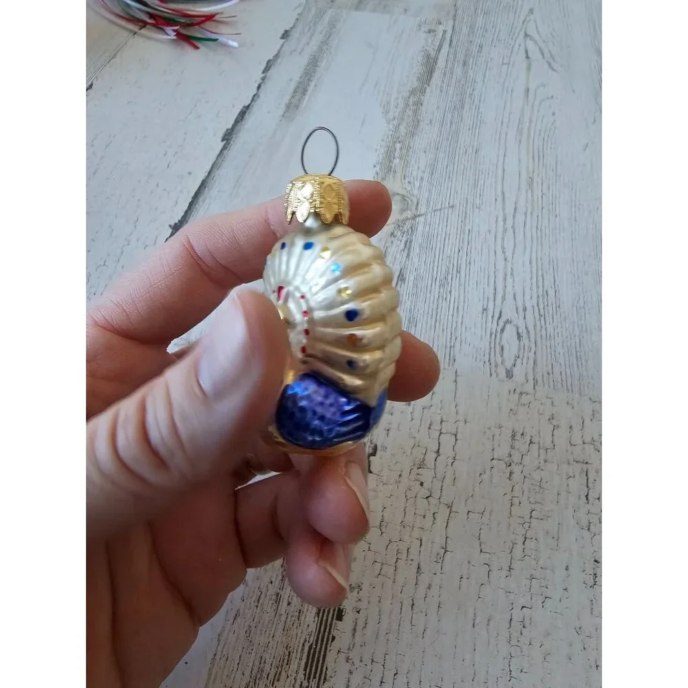 Vintage Germany‎ peacock glass ornament mini blue Xmas tree